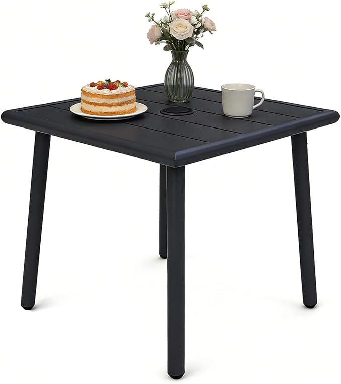 Small Metal Outdoor Side Table with Umbrella Hole, Sqaure Patio Coffee Bistro Table End Table, Umbrella Table with Hole for Poolside Backyard Porch Deck Balcony,19.7x19.7 inches, Black
