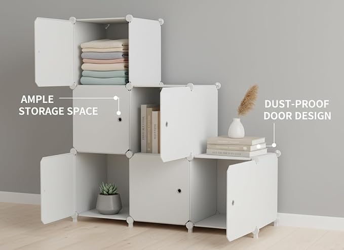 Cube Storage Organizer, 6-Cube Shelves Unit with Doors, DIY Stackable Plastic Clothes Organizer for Bedroom and Under Stairs Storage Unit, Each Compartment 30 x 30 x 30 cm White ATTSL6002