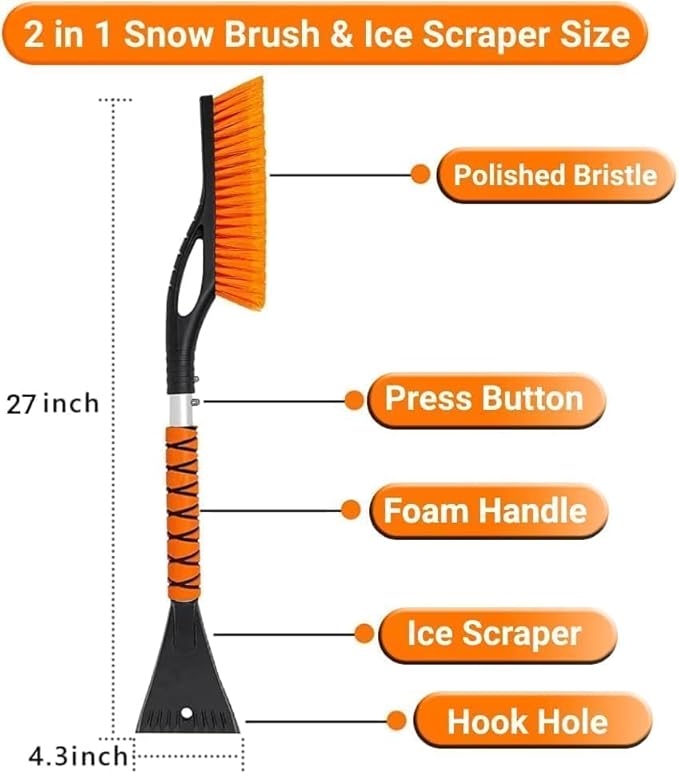 Snow Brush & Ice Scraper, 27 Inch, Ice Scrapers for Car Windshield, Detachable Snow Removal Tool with Ergonomic Foam Grip for Cars Trucks Suvs (Heavy Duty Abs, PVC Brush)
