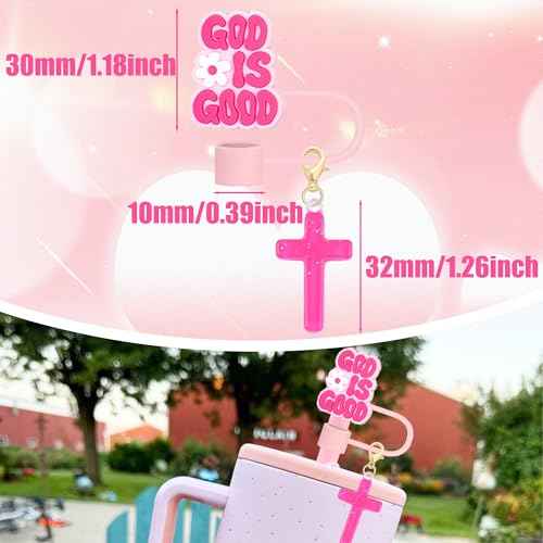 10mm Straw Toppers Set, Pink Jenus Faith Straw Covers Cap with Clip-on Cross Charms for 30oz 40 0z Stanley Tumblers, Cute and Bling Modern Simple Tips Stanley Accessories