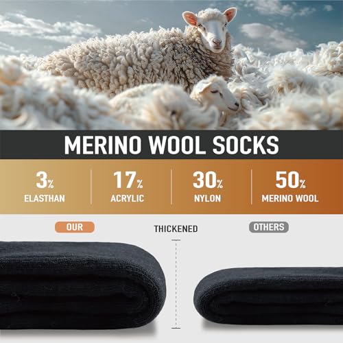Merino Wool Hiking Crew Socks for Men & Women, Thick Thermal Cushioned Winter Socks, Moisture-Wicking, 3 Pairs