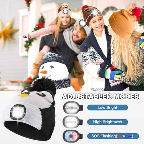 LED Beanie with Light for Adults, USB Rechargeable Headlamp Cap Unisex Winter Warm Knit Night Light Hat for Camping Running