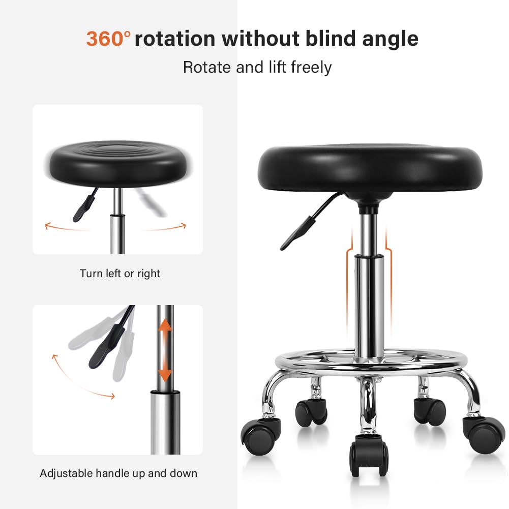 KKTONER PU Leather Modern Round Rolling Stool with Footrest Height Adjustable Spa Drafting Salon Tattoo Work Massage Stools Task Chair Small (Black)