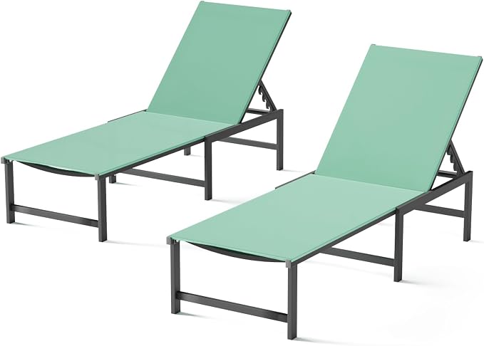 Patio Lounge Chair, Aluminum, 5 Adjustable Backrest,2 Piece,Green | Lightweight rustproof aluminum.5 adjustable backrest positions.Breathable quick-dry fabric.For poolside,beach,lawn,backyard.