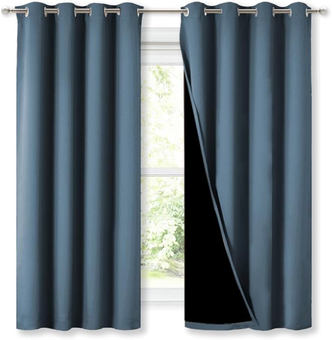 NICETOWN 100% Blackout Curtains 54" Long, Smoky Blue, 1 Pair, Double-Deck