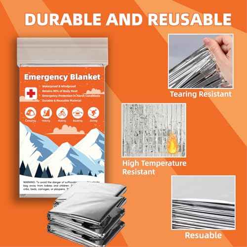10 Pack Emergency Thermal Blanket Survival, Mylar Blankets for Outdoor, Space Blanket, Silver Foil for Survival, Survival Kit Camping Blankets, Body Warmer, First Aid, Hiking 84¡± x 52¡±