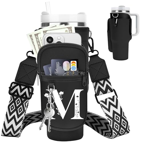 LOKASS Initial Water Bottle Holder with Strap for Stanley Cup 40 oz Tumbler, Personalized A-Z, Water Bottle Carrier Bag with Phone Pocket & Carabiner for Stanley Cup Accessories