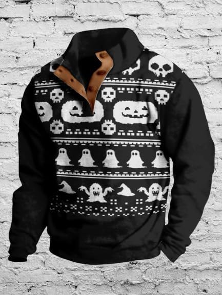 Mens Western Halloween Hoodie Button Up Henley Shirt Cowboys Sweatshirt Men Graphic Long Sleeve Pullover Tops