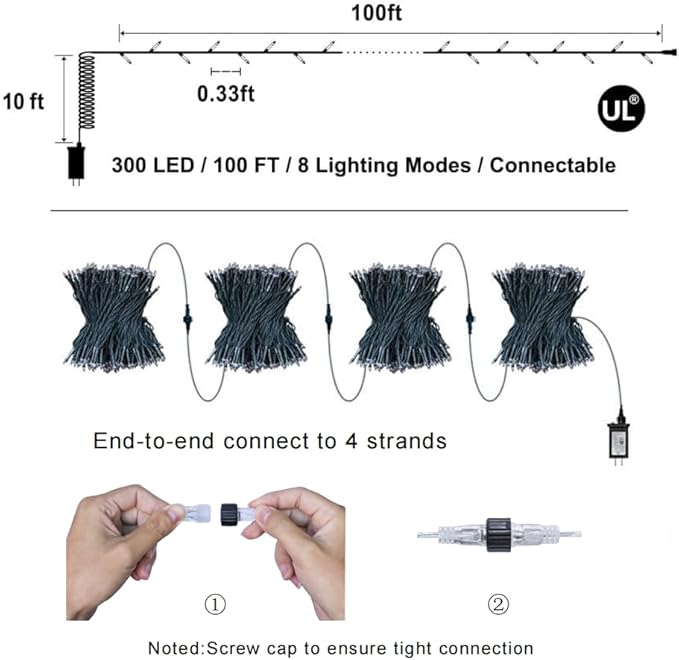 300LED String Lights - Indoor/Outdoor Use, 8 Modes, 100FT Fairy Lights, IP44 Waterproof for Xmas Patio Yard Fence Deck Balcony Garden Decor - Warm White