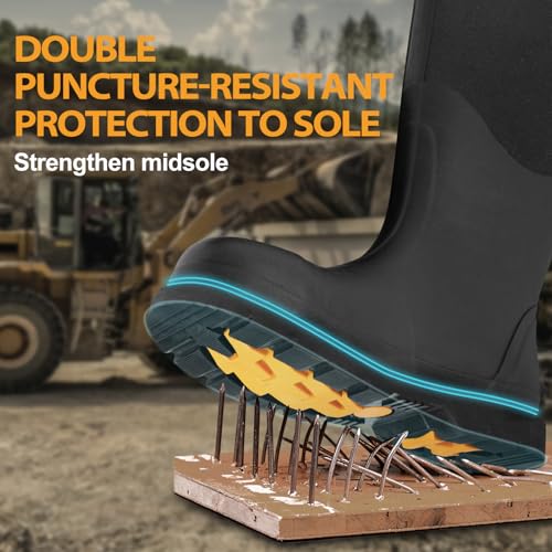 Rubber Work Boots, Puncture-Proof with Steel Toe & Shank, Waterproof Insulated 6mm Neoprene Hunting Boots for Farming, Construction, Gardening, Fishing, Outdoor Work (Size 6-14)