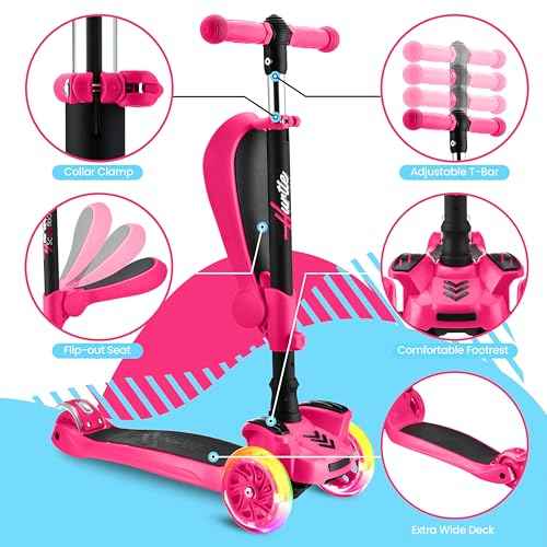 Hurtle 3-Wheeled Scooter for Kids - Wheel LED Lights, Adjustable Lean-to-Steer Handlebar, and Foldable Seat - Sit or Stand Ride with Brake for Boys and Girls Ages 1-14 Years Old