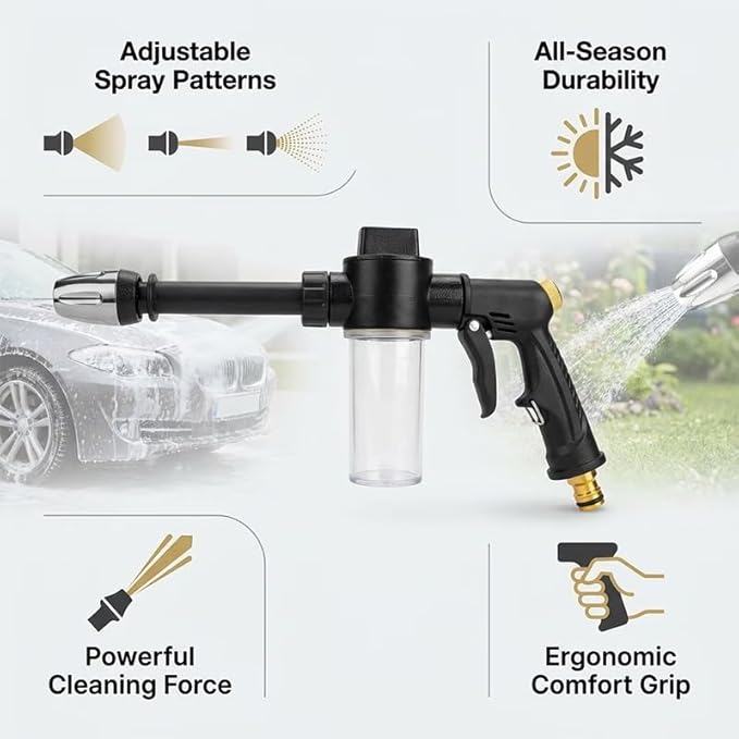 High Pressure Garden Hose Nozzle Sprayer with Plastic Soap Foam Dispenser Bottle, Heavy Duty Car Wash Foam Gun, Adjustable Nozzle for Gardening, Solar Panel Cleaning, Pet Showering
