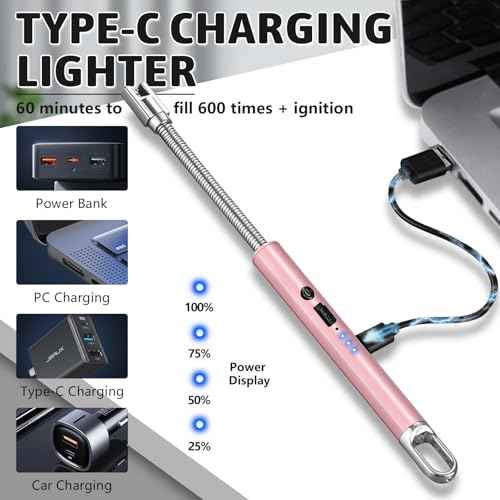 2 PCS Electric Lighter, Candle Lighter Arc Windproof Flame-Less with 360¡Æ Flexible Neck & LED Power Display, Type-C Rechargeable for BBQ, Grill, Camping, Fireplace, Stove