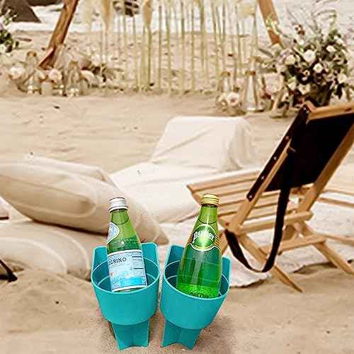 Home Queen Beach Cup Holder with Pocket, Multi-Functional Sand Cup Holder for Beverage Phone Sunglasses Key, Beach Accessory Drink Sand Coaster, 2-Pack, Turquoise