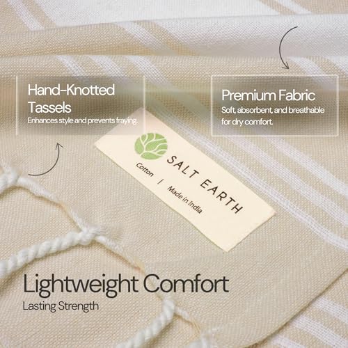 Salt Earth Cotton Turkish Beach Towel, Set of 2-36" X72" Large Bath Towels, Quick Dry Towel, Bathroom, Beach Essentials, Gym, Quick Dry for Shower, Lightweight Large Towels for All (Beige)