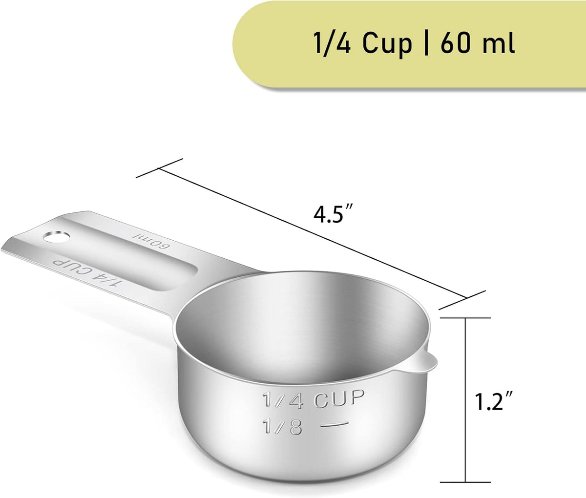1PCS 1/4Cup (60ml, 2oz) Single Measuring Cup, Stainless Steel Measure Scoop, Metric and US Measurement, Dishwasher Safe