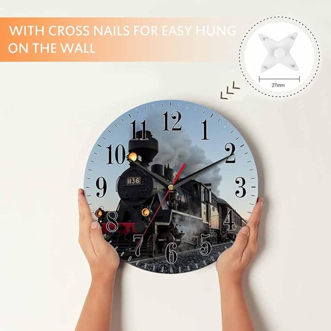 Mxocom Morning Train Wall Clock Old Steam Train Smoke Rairoad Sunrise 10 Inch