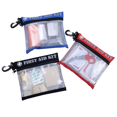 First Aid Kit Bag with Carabiner, 8.5 x 7.5 inches, Waterproof Mesh Front, Set of 3, Black Blue Red, For Travel, Home, Office, Vehicle, Camping, Outdoor (Bag Only)