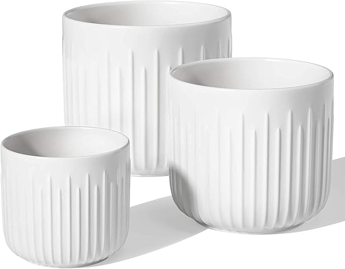 LE TAUCI Ceramic Planters, 8.3/7/6 Inch Indoor Pots for Plants with Drainage Holes & Mesh, Modern Matte Glaze Cylinder Fluted Plant Pot for Snake Plant, Set of 3, White
