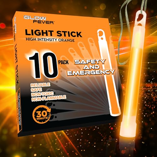 Glow Fever Super Bright Emergency Safety Military Grade Glow Sticks with 30 Minutes Duration. Great for Concerts Live Events, Camping, Dancing, Weddings and Summer Vacation (Orange, 10PCS)