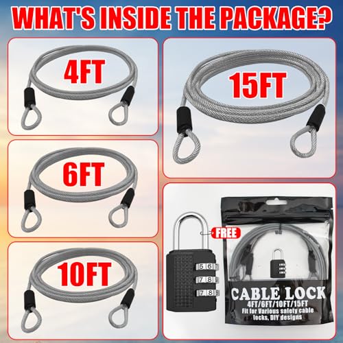 4FT/6FT/10FT/15FT Cable Locks with Combination 1/8 inch Security Cable with Loops for Fence Luggage Gym Locker Cabinet