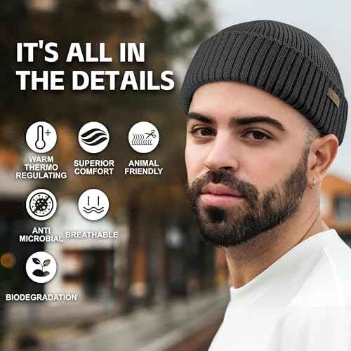 OUTDOOR SHAPING Merino Wool Short Fisherman Beanies for Men Women, Knit Cuff Trawler Beanie Cap, Winter Warm Daily Hat
