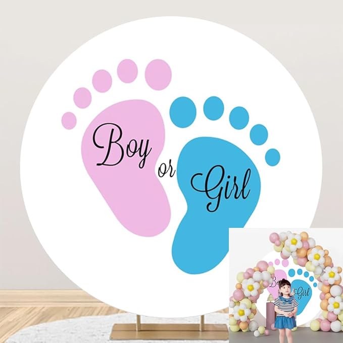 OERJU Round Gender Reveal Backdrop Cover Baby Feet Round Backdrop Blue or Pink Boy or Girl Circle Backdrop Cover Newborn Baby Shower Pregnancy Surprise Party Decorations Photography Background 6ft