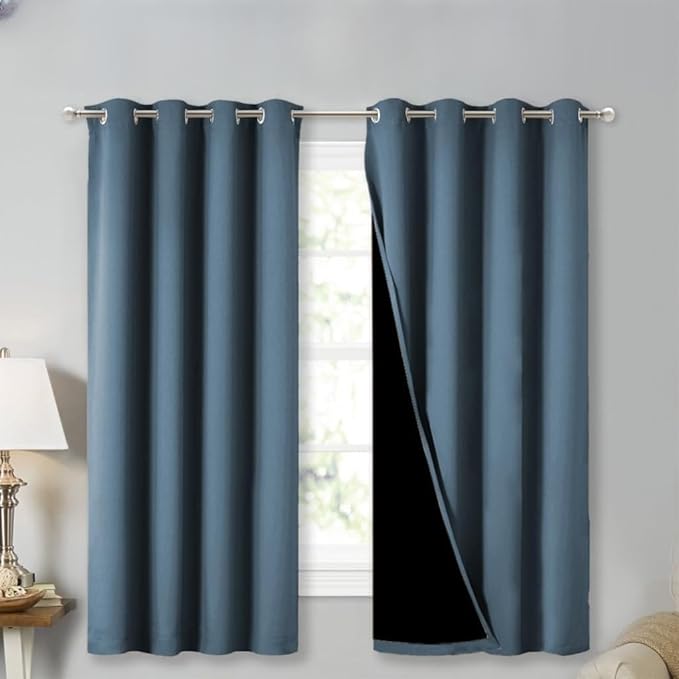 NICETOWN 100% Blackout Curtains 54" Long, Smoky Blue, 1 Pair, Double-Deck