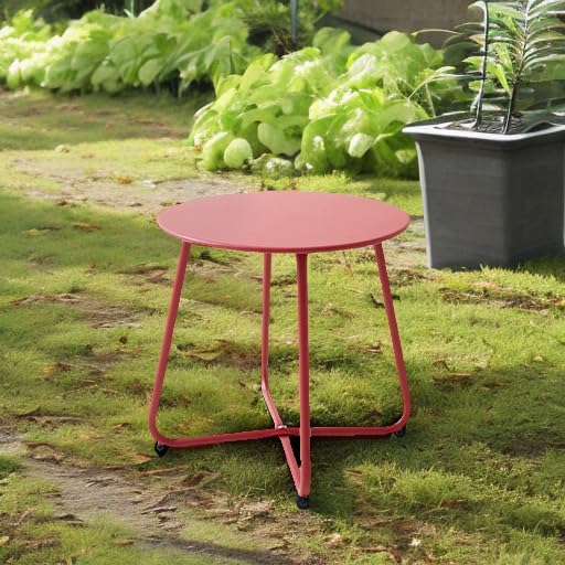 Meluvici Patio Small Side Table Waterproof Round Metal Steel Weather Resistant Portable Outdoor and Indoor End Table for Garden Balcony Yard, Red