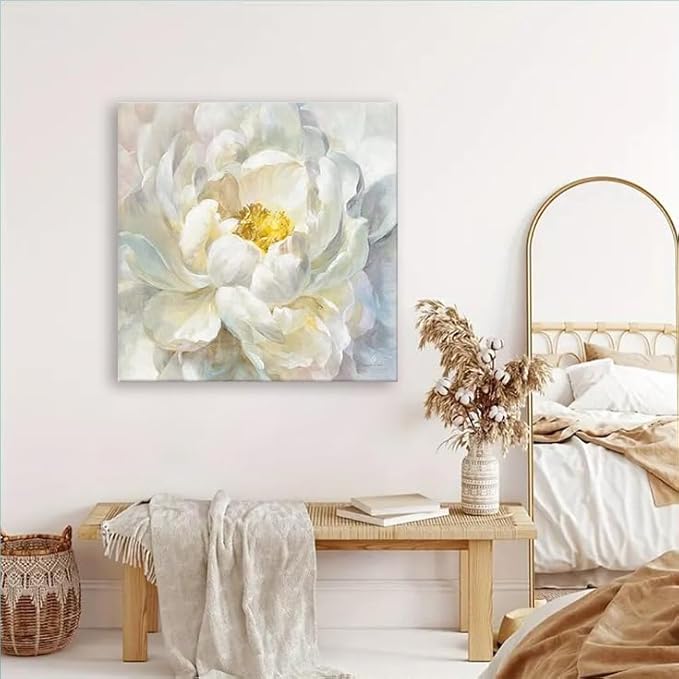 SEVEN WALL ARTS Peony Flower Canvas Wall Art Modern Yellowish Floral Picture Poster Print Abstract White Blossom Artwork for Bedroom Bathroom Kitchen Dining Room Home Decor 24"x24"