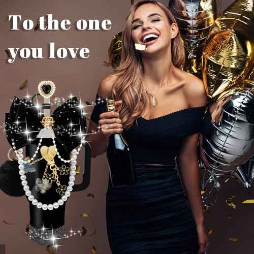 LBU Bling Stanley Cup Accessories for 40/30/20 oz Tumbler with Handle Including Glitter Bow Straw Topper, Heart Straw Cover, Pearl Water Bottle Handle Strap, Boot, Pom-Pom, Keychain Charms(Black)