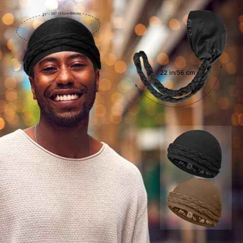 2 Pcs Satin Lined Turban Silky Head Wraps for Men with Long Twist Straps, Halo Turban Mens Turban Head Scarf for Hair