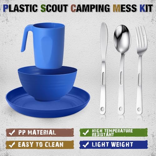Scout Camping Mess Kit for 1 Person Boy Scout Dishes Set Girl Scout Mess Kit with Mesh Bag Reusable Light Weight Eating Utensils Plastic Camping Cutlery Set for Travel Camp