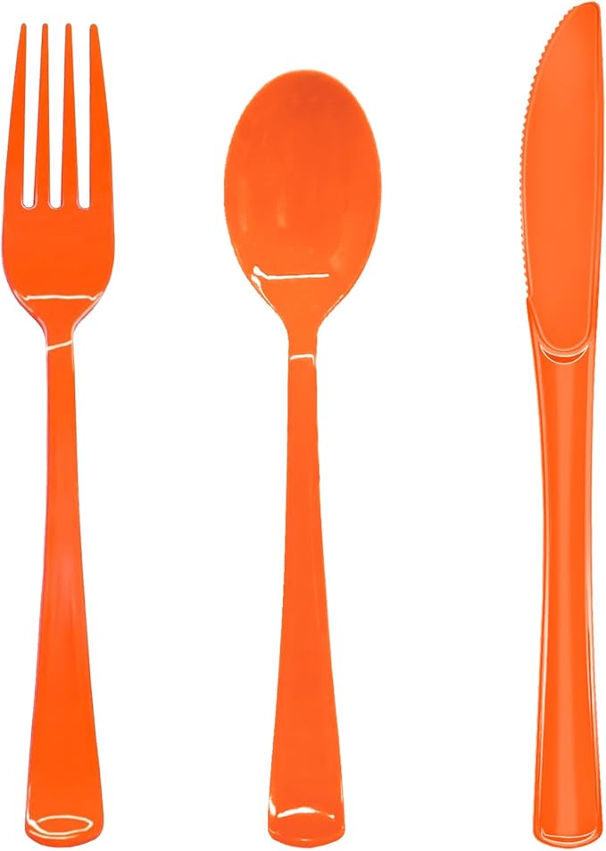 150 Pack Orange Plastic Silverware, Orange Plastic Cutlery Disposable Includes 50 Forks, 50 Spoons, 50 Knives for Birthday, Fall Party, Halloween, Thanksgiving