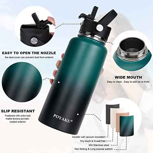 Water Bottle Insulated 32oz 40oz 64oz 128oz Straw Lid Spout Lid & 3 Lids, Leak Proof, Vacuum Insulated,Stainless Steel Water Bottle Wide Mouth for Sports, Gym or Office