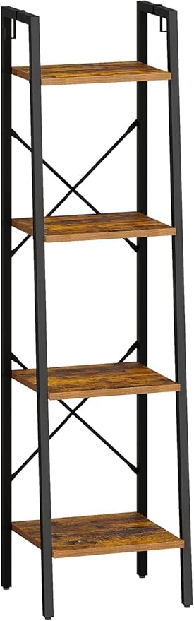 Ladder Shelf, Bookshelf Bookcase, Freestanding Corner Storage Shelve with 2 Hooks for Home Office, Living Room, Kitchen, Bedroom, Industrial, 11.8"D x 13.4"W x 47.2"H, Rustic Brown BC13201B