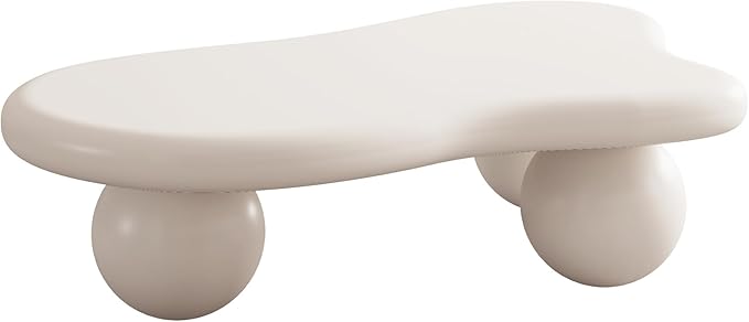 40 Inch Cloud Shaped Coffee Table with 3 Ball Legs for Living Room Cream White
