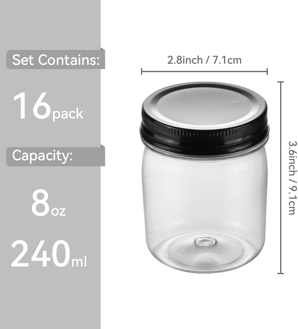 Plastic Mason Jars Reusable Storage Containers with Silver Airtight Lid 8 Ounce Clear Jars for Dry Foods, Coffee,BPA Free (16 Pack-Black)