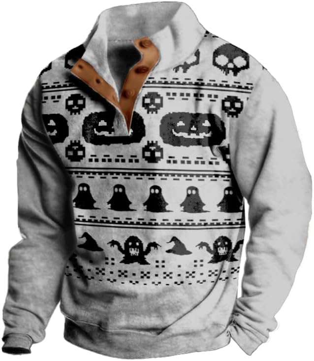 Mens Western Halloween Hoodie Button Up Henley Shirt Cowboys Sweatshirt Men Graphic Long Sleeve Pullover Tops