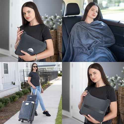 BlueHills Premium Soft Travel Blanket Pillow Airplane Flight Blanket Throw Bag Pillowcase Compact Large 2 in 1 Combo Warm Traveling Plane Essentials Portable Gifts Lightweight Grey Gray T007