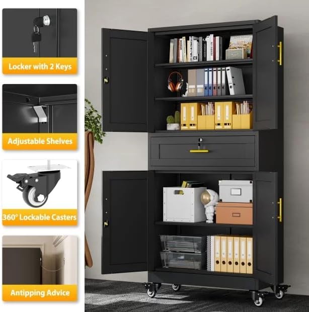 Metal Tall Storage Cabinet with Drawer, Garage Storage Cabinet with Locking Doors and 3 Adjustable Shelves, 71" H Steel Cabinets for Garage, Home, Office, Black, Assembly Required