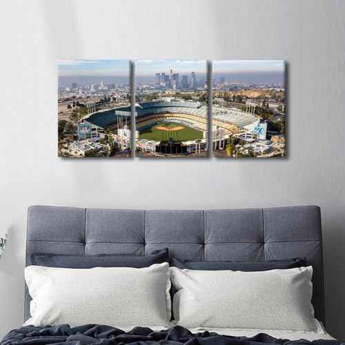 Los Angeles California Panoramic Skyline Cityscape Aerial over Dodger Stadium Painting for Living Room Decor HD Prints on Canvas Giclee Artwork Framed 3 Panels Ready to Hang, 36" Wx16 H