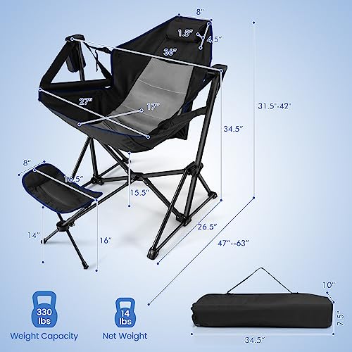 COSTWAY Folding Camping Chair, Portable Beach Chair with Retractable Footrest, Adjustable Back, Cup Holder & Carry Bag, Outdoor Lawn Patio Chair for Camping, Fishing, Hiking (Black, 1 Pack)