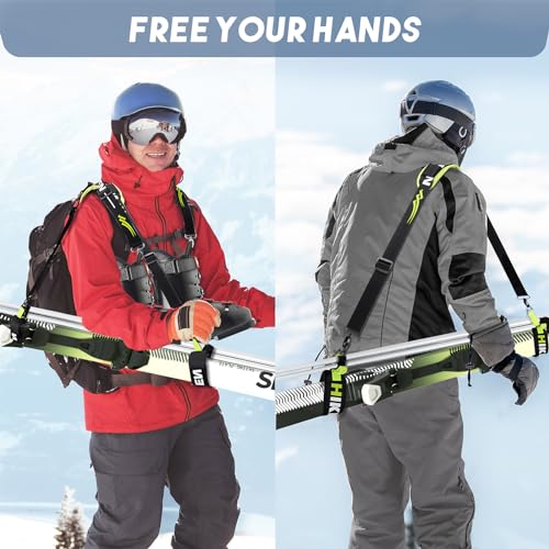 Hikeen Ski Carrier Straps, Poles and Boot Skis Straps with Adjustable Anti-Slip Shoulder Slings & Metal Buckle and Swivel Hook for Men Women Kids