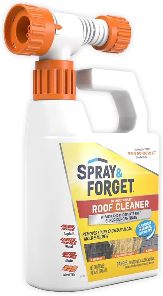 Spray & Forget Super Concentrated Revolutionary Roof Cleaner, 1 Qt. Hose-End Bottle - Cleans Algae, Mold & Mildew Stains, Use on Asphalt, Wood, Slate, Clay & Tile Shingles, Yellow (SF150)