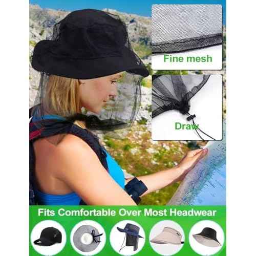 Wohohoho Mosquito Head Net Mesh With Drawstring, Bug Face Shield for Hats, Beekeeper Mask Protection for Men & Women Against Midges, Bugs & Gnats (2 Packs, Grey, Updated Big Net)