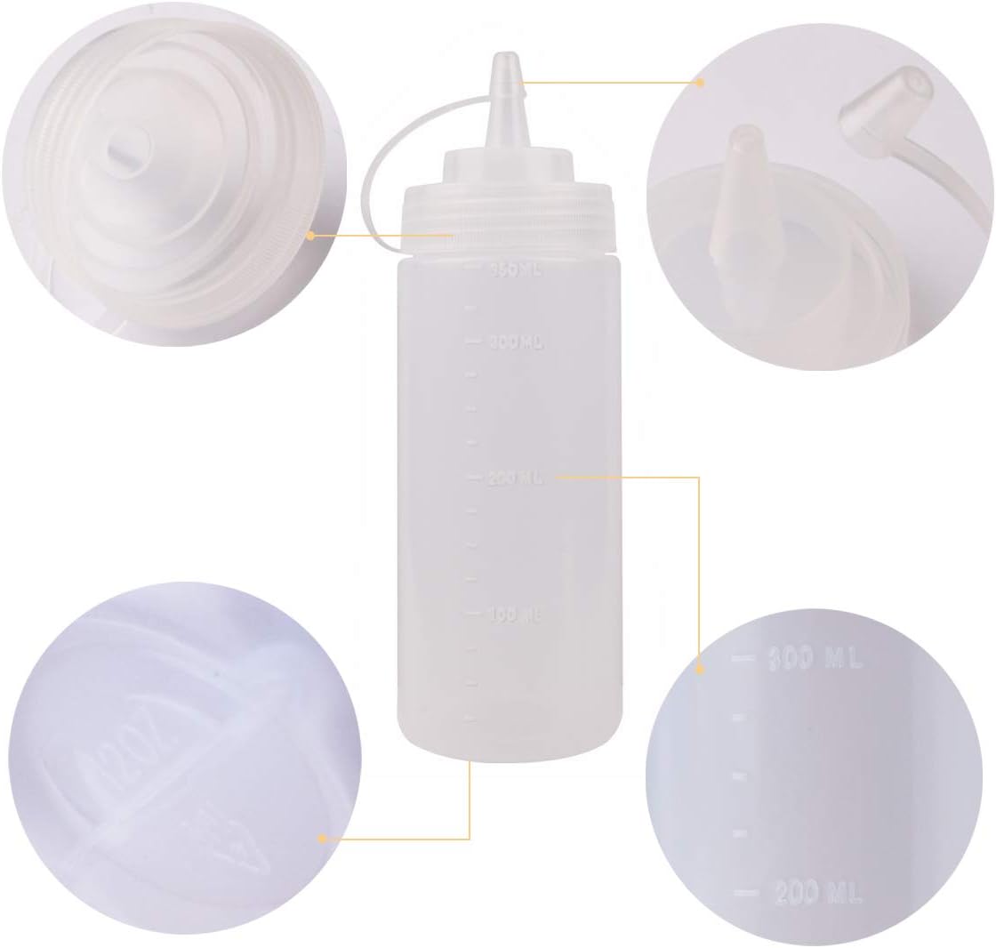 Squeeze Bottles for Sauces 2 Pack, Ketchup Bottle 12 Ounce Plastic Dressing Squirt Bottle with Cap Lids and Funnel, Condiment Bottles for Liquids BBQ Dressing Pancake Art Dispenser