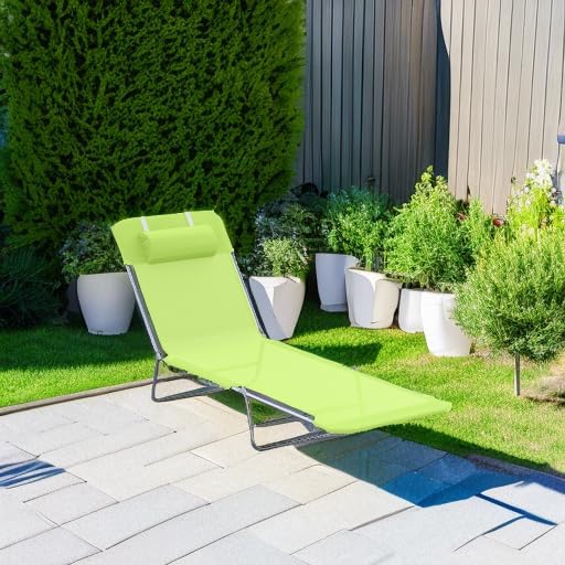 Outsunny Folding Chaise Lounge Pool Chairs, Outdoor Sun Tanning Chairs with Pillow, Reclining Back, Steel Frame & Breathable Mesh for Beach, Yard, Patio, Green