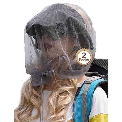 Wohohoho Mosquito Head Net Mesh With Drawstring, Bug Face Shield for Hats, Beekeeper Mask Protection for Men & Women Against Midges, Bugs & Gnats (2 Packs, Grey, Updated Big Net)
