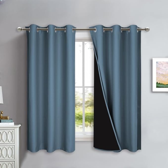 NICETOWN 100% Blackout Lined Curtains, Smoky Blue, 1 Pair, 2 Thick Layers